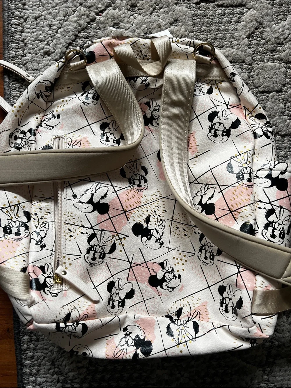 Petunia Pickle Bottom White and Pink Minnie Mouse Backpack with Gold Hardware